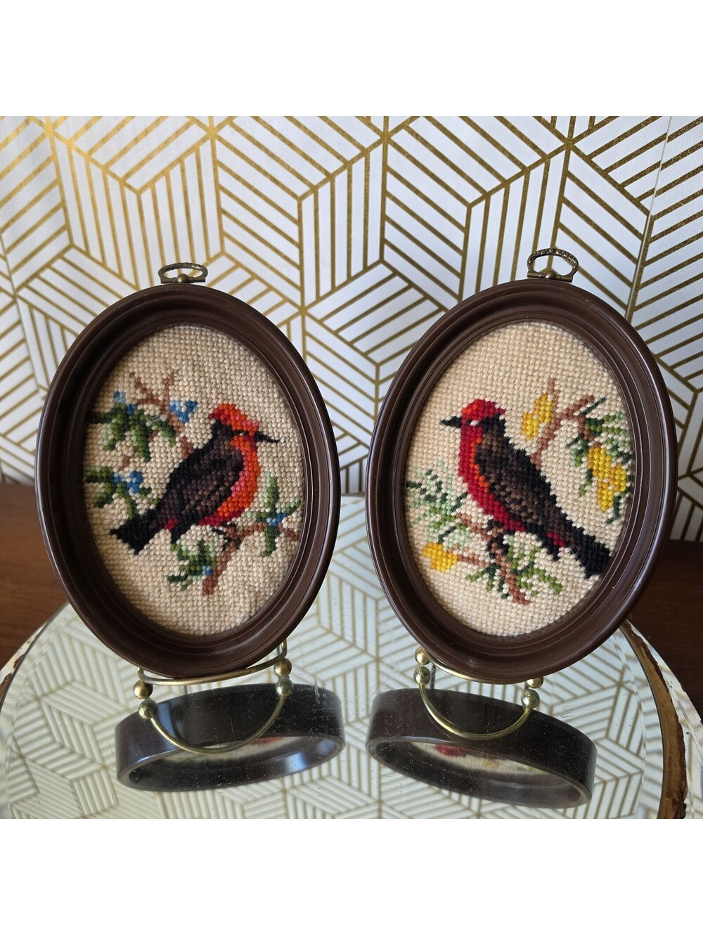 Vintage Oval Framed Red Cardinal Bird Cross-Stitch Wall Hanging Pair Fiber Arts